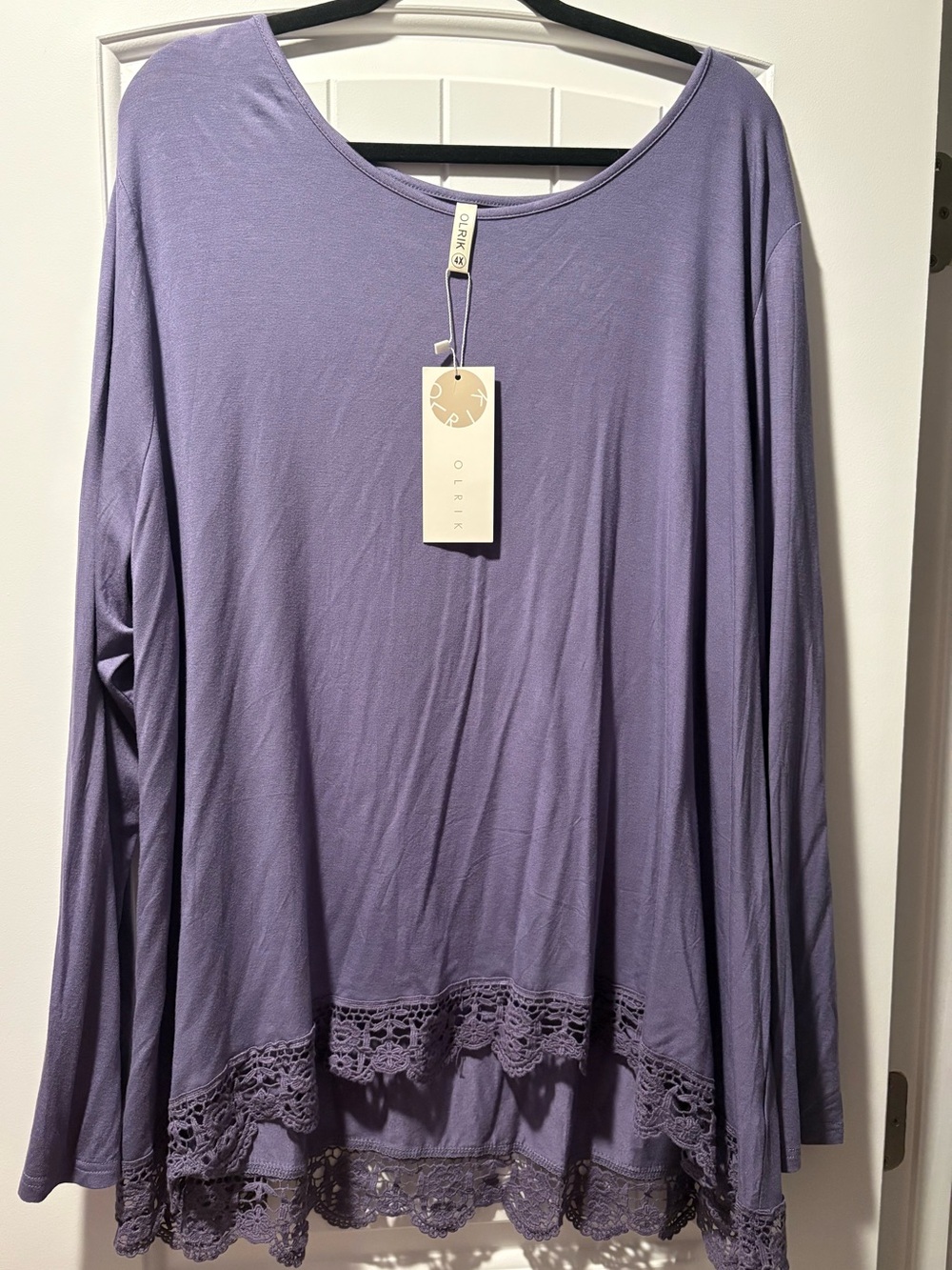 NWT OLRIK Plus Size Tunic Lavender Purple Long Sleeve Lace Hem 4X